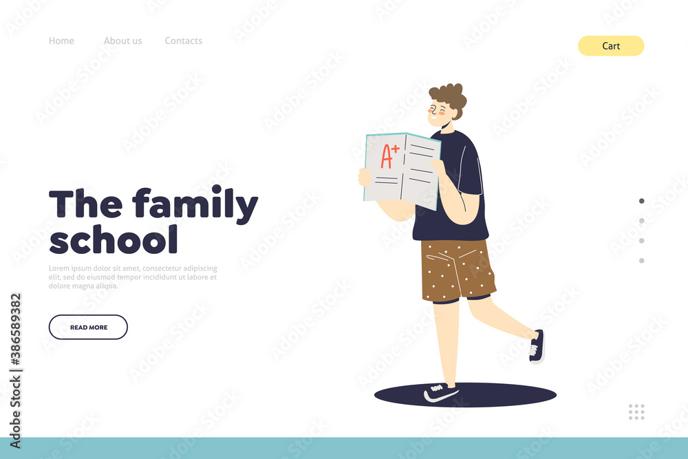 Schoolboy getting high assessment mark for test or exam over template landing page background
