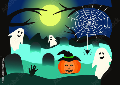 Halloween gosts and pumpkin in the cemetery