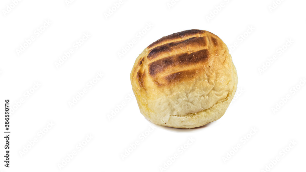 Round bun charcoal grilled serve with crispy bread skin, isolated on the white background.