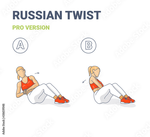 Russian Twists Female Home Workout Exercise Guide Illustration in Two Steps.