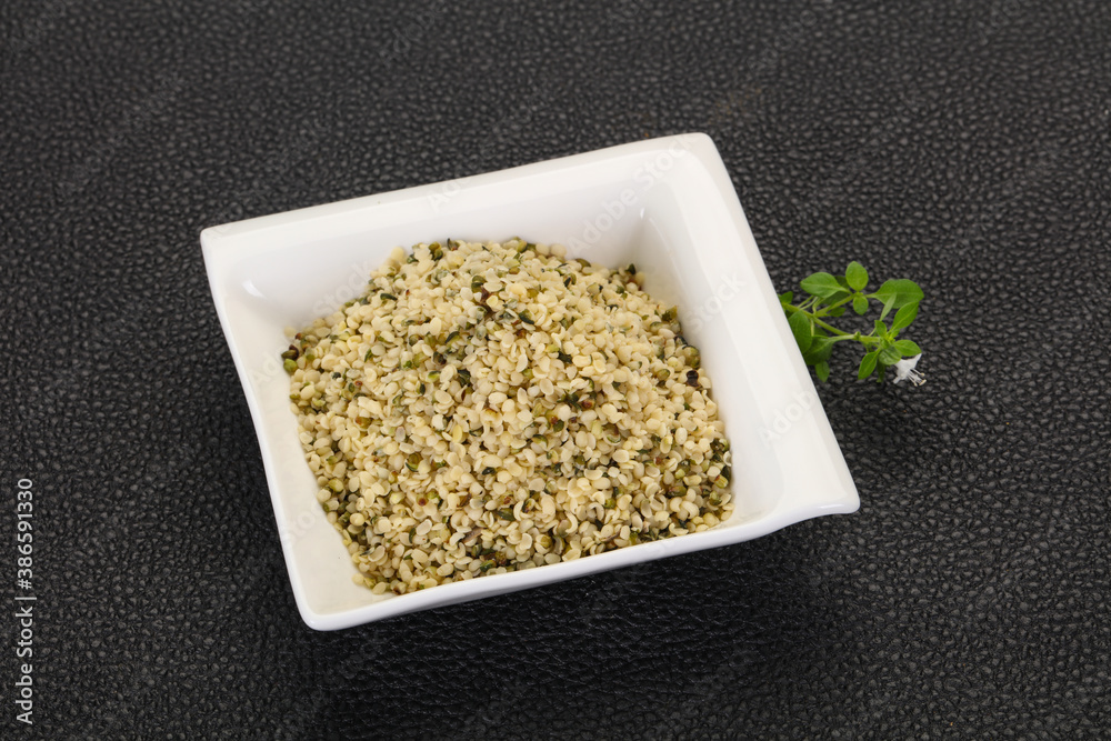 Peeled hemp seeds in the bowl Peeled hemp seeds in the bowl