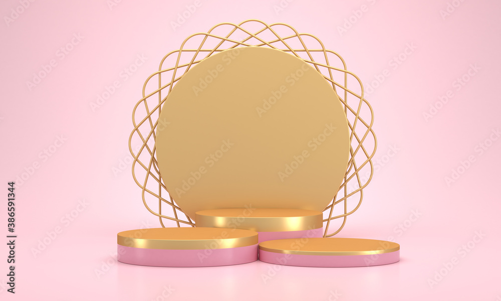 Empty stand pink. Gold decor frame, three cylinder blocks. Presentation stand on a pink background. 3D rendering. Illustrations for advertising. Empty stand pink. Gold decor frame, three cylinder blocks. Presentation stand on a pink background. 3D rendering. Illustrations for advertising.