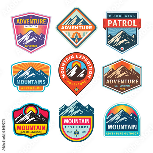 Mountain badges set. Adventure outdoor creative vintage logo design. Climbing hiking emblem collection. Vector illustration.