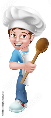 A kid cartoon boy chef, cook or baker child peeking around a sign and pointing at it with a wooden spoon