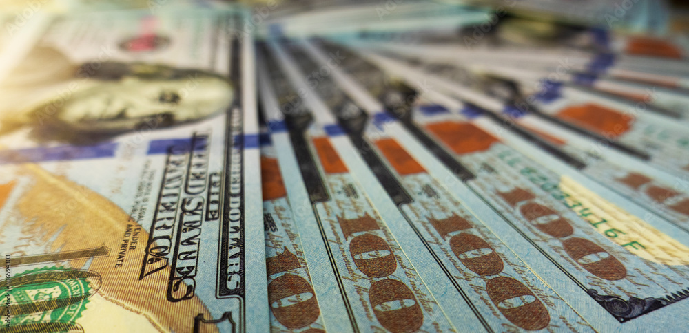 Dollars Closeup Concept. American Dollars Cash Money. One Hundred Dollar Banknotes