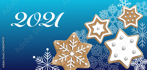 2021-carte de vœux pour fêter la nouvelle année avec des biscuits en forme d’étoile, sur un fond bleu décoré de flocons de neige.