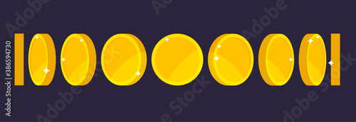 Gold coin animation for game and apps. Vector golden coins in different shapes or position isolated on dark background. Illustration of money turn around. photo
