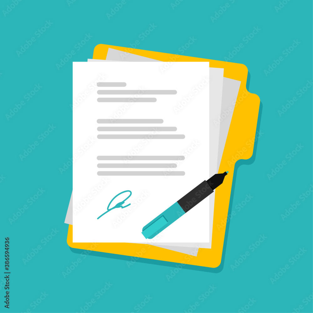 Stack of paper document with folder and pen. Job contract with a ...