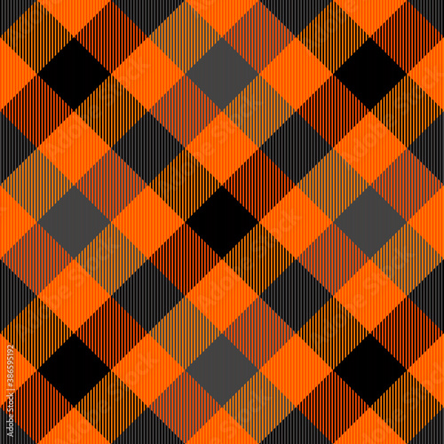 Diagonal tartan Halloween plaid. Scottish pattern in orange, gray and black cage. Scottish cage. Traditional Scottish checkered background. Seamless fabric texture. Vector illustration