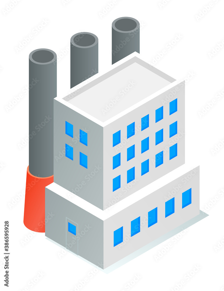 Isometric image of oil refinery factory. Industrial refinery. Petroleum facility. White tall building with blue windows, large tall black pipes. Petroleum production. Flat vector illustration on white