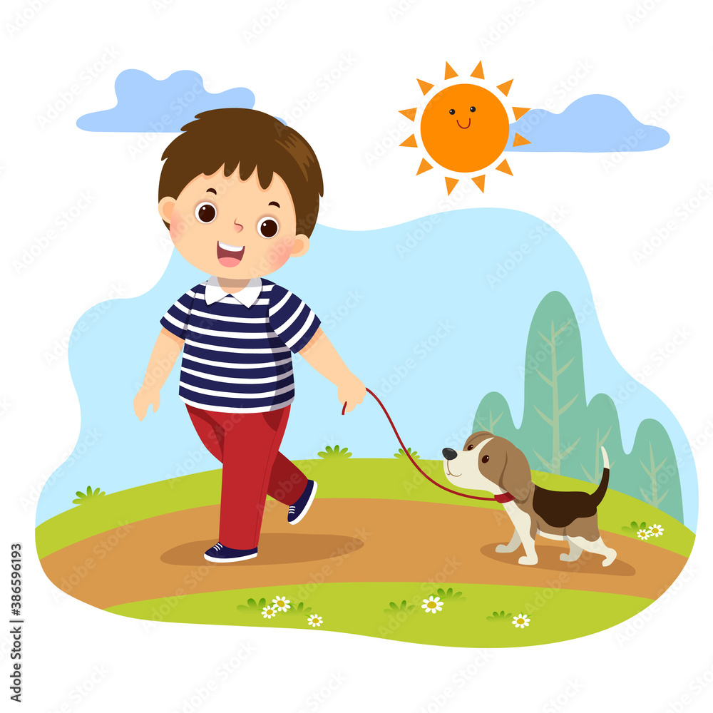 Vector illustration cartoon of a little boy taking his dog for a walk outdoors in nature. Kids doing housework chores at home concept Vector illustration cartoon of a little boy taking his dog for a walk outdoors in nature. Kids doing housework chores at home concept