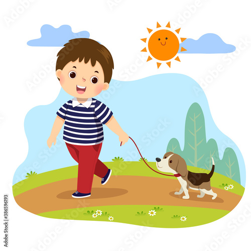 Vector illustration cartoon of a little boy taking his dog for a walk outdoors in nature. Kids doing housework chores at home concept