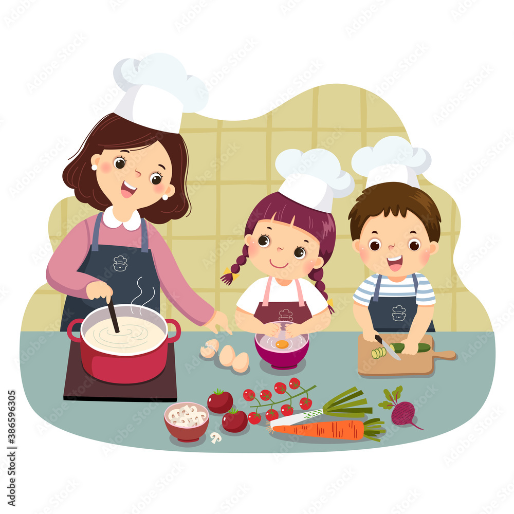 Vector illustration cartoon of mother and children cooking at kitchen counter. Kids doing housework chores at home concept. Vector illustration cartoon of mother and children cooking at kitchen counter. Kids doing housework chores at home concept.