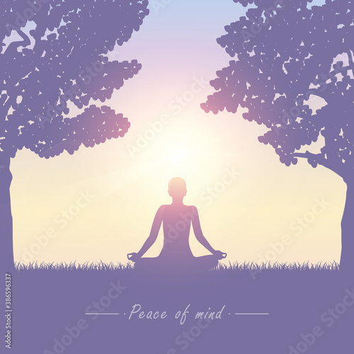 meditating person on summer meadow at sunshine vector illustration EPS10