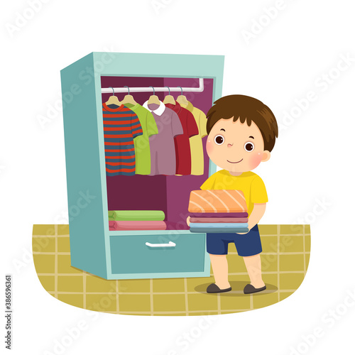 Vector illustration cartoon of a little boy putting stack of folded clothes in closet. Kids doing housework chores at home concept.