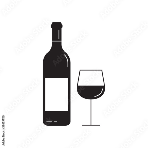 Wine bottle with wine  glass icon. Alcohol symbol. Vector illustration.