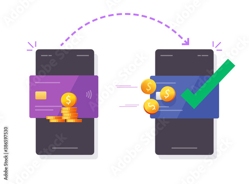 Money send from bank credit card to card or cush transfer online via mobile phone smartphone vector flat cartoon illustration, concept of cellphone digital internet banking wallet technology isolated