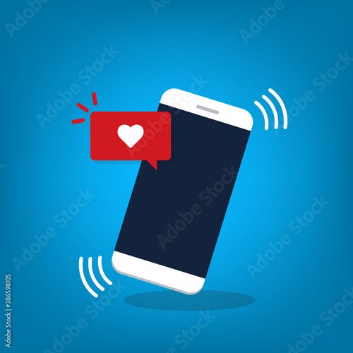 Vector illustration smartphone with like emoji speech bubble get message on screen. Social network and mobile device concept. Flat design for print, websites, web banner.