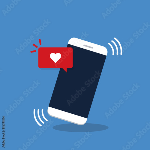 Vector illustration smartphone with like emoji speech bubble get message on screen. Social network and mobile device concept. Flat design for print, websites, web banner.