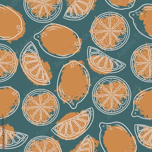 Fototapeta Naklejka Na Ścianę i Meble -  Seamless pattern with hand drawn lemons on a dark background, grunge style. Doodle, simple outline illustration. It can be used for decoration of textile, paper and other surfaces.
