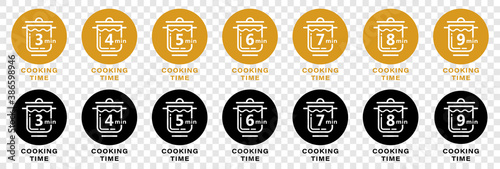 Food packaging icon. Recommended cooking time. Casserole in a flat linear style with a number indicating the number of minutes. Information label. Vector.