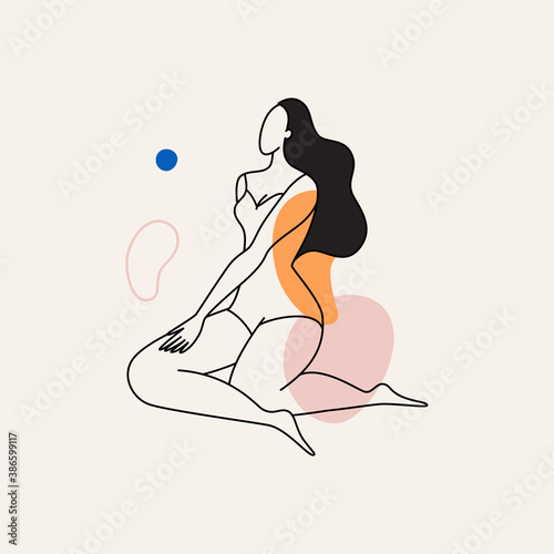 Beautiful female figure. Vector logo design template and illustration in simple minimal linear style - body positive emblem, abstract badge for lingerie designer, modern feminine art