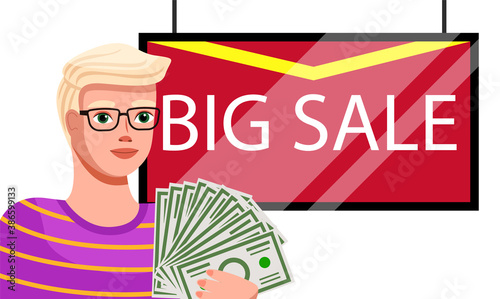 Sale banner with handsome man standing near advertising red poster with lettering big sale. A serious guy is holding a lot of paper dollar bills in hand, discount shopping time promotional style