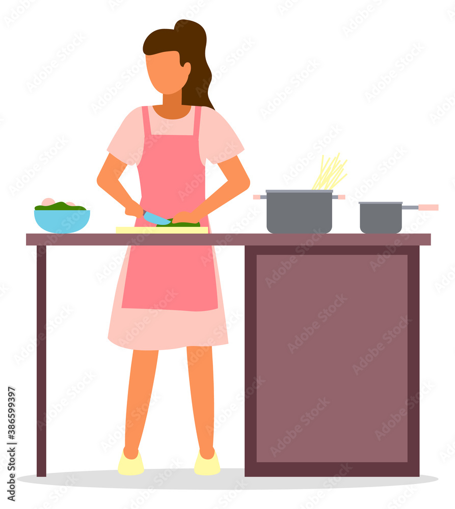 Woman practice cooking in the kitchen. Girl uses knife, bowls, pots. Cook spaghetti. Self improvement. Stay at home. Kitchen equipmen. Self isolation, quarantine due to coronavirus. Home activities Woman practice cooking in the kitchen. Girl uses knife, bowls, pots. Cook spaghetti. Self improvement. Stay at home. Kitchen equipmen. Self isolation, quarantine due to coronavirus. Home activities