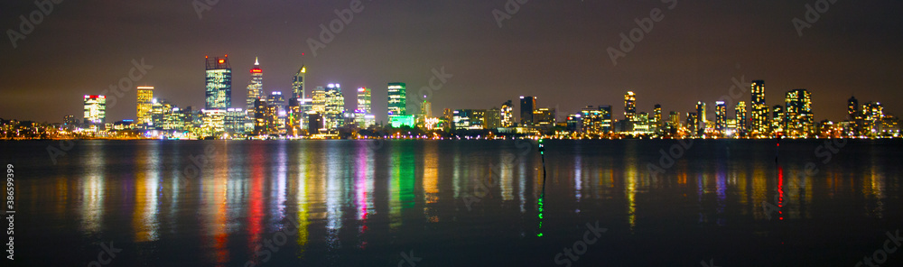 Perth city at night over the Swan River Reflections, Western Australia
