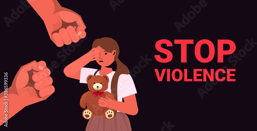 fists over scared terrified child stop family violence aggression concept little girl crying horizontal portrait vector illustration
