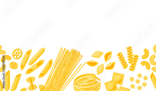 Horizontal seamless border frame composition of many kinds of pasta. Vector illustration cartoon flat icon isolated on white. Template element for packaging label design.