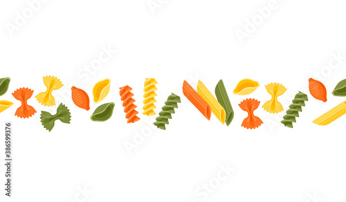 Horizontal seamless composition of many kinds of tricolor pasta. Vector illustration cartoon flat icon isolated on white background. Template element for packaging design.