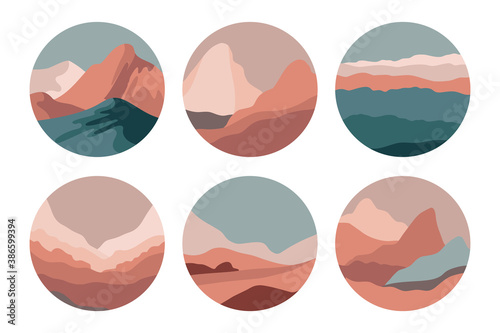 Vector set of abstract creative backgrounds in minimal trendy style with copy space for text  and mountain landscape 