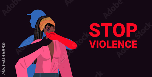 male hands closes mouth of scared terrified woman stop family violence and aggression concept horizontal portrait vector illustration