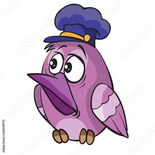 cute purple bird character in service cap, cartoon illustration, isolated object on white background, vector,