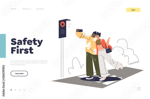 Safety on road concept for landing page with young couple making selfie photo on crosswalk