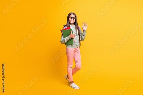 Full body portrait of student carry rucksack wave arm stylish hoodie isolated on yellow color background