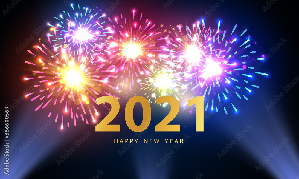 2021 Happy New Year Gold background design firework and christmas themed Celebration party banner and cards.