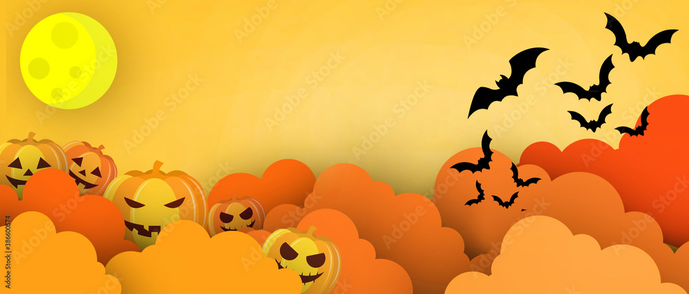 Happy Halloween sale banner and Background Full moon for party with orange clouds and pumpkins in paper cut style greeting card,Poster with Halloween -illustration