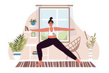 Yoga and healthy lifestyle illustration, woman meditating at home. Vector stock illustration