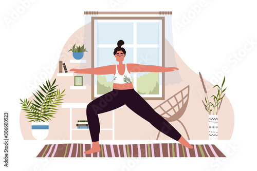 Yoga and healthy lifestyle illustration, woman meditating at home. Vector stock illustration