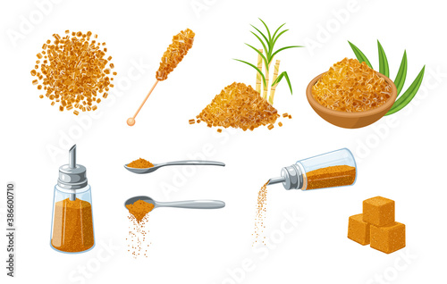 Brown cane sugar collection, template for packaging label design. Vector illustration flat cartoon icon set isolated on white background.