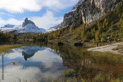 Autumn in the Dolomites  view of Federa lake surrounded by mountains