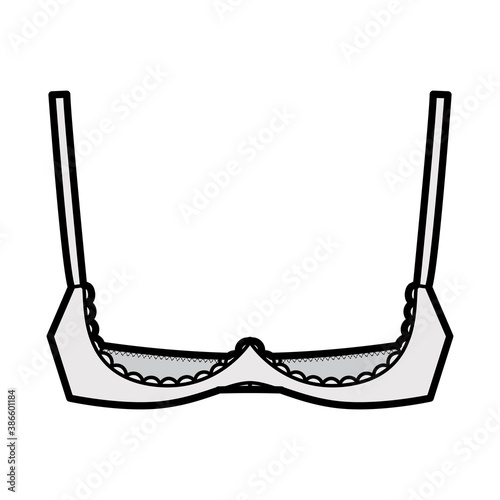 Bra shelf open cup lingerie technical fashion illustration with adjustable shoulder straps, hook-and-eye closure. Flat brassiere template front, grey color style. Women men unisex underwear CAD mockup