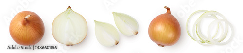 Photo Whole and sliced onions isolated on a white background. Top view.