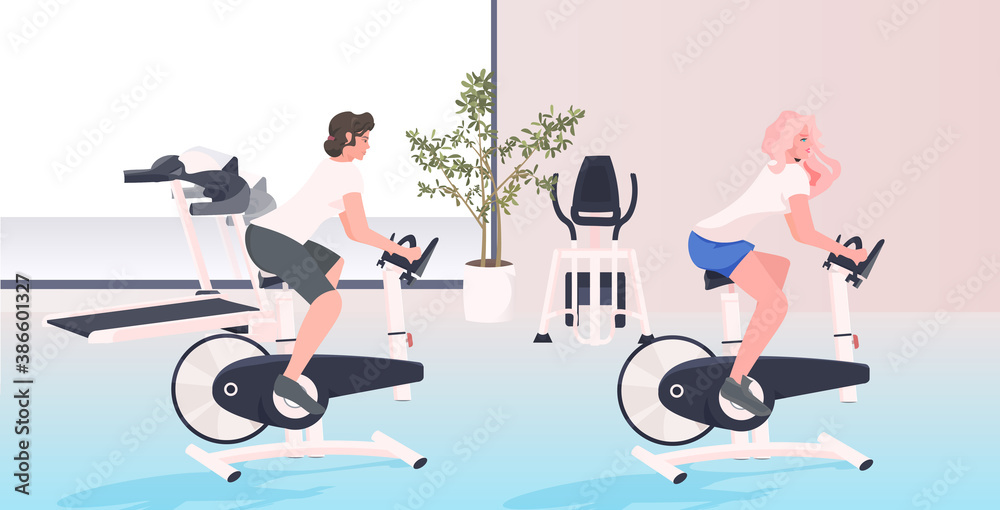 women working out on stationary bike fitness cardio training workout healthy lifestyle concept modern gym interior full length vector horizontal illustration women working out on stationary bike fitness cardio training workout healthy lifestyle concept modern gym interior full length vector horizontal illustration
