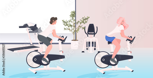 women working out on stationary bike fitness cardio training workout healthy lifestyle concept modern gym interior full length vector horizontal illustration