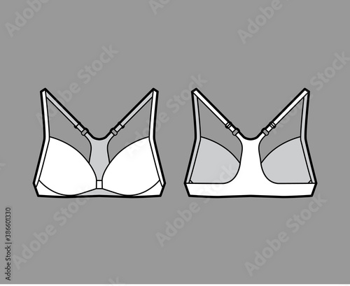 Bra racerback front closure lingerie technical fashion illustration with adjustable shoulder straps. Flat brassiere template front, back white color style. Women men unisex underwear CAD mockup