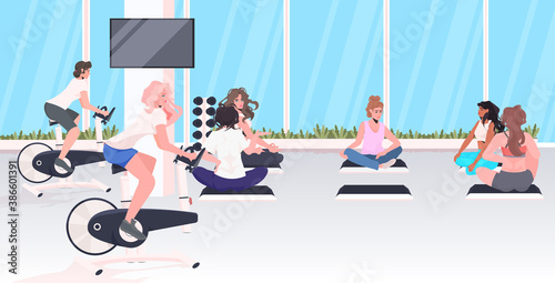 people doing physical exercises cardio training fitness workout healthy lifestyle concept modern gym interior full length horizontal vector illustration
