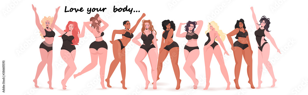 mix race women of different height figure type and size standing together love your body concept girls in swimsuits full length horizontal vector illustration - obrazy, fototapety, plakaty 